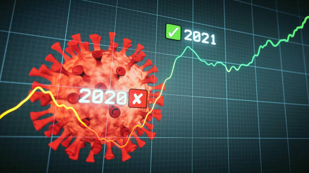 einfaches liniendiagramm-design mit den jahren 2020 und 2021 mit einer coronavirus-zellsilhouette, die auswirkungen auf die wirtschaft zeigt - veränderung grafiken stock-fotos und bilder