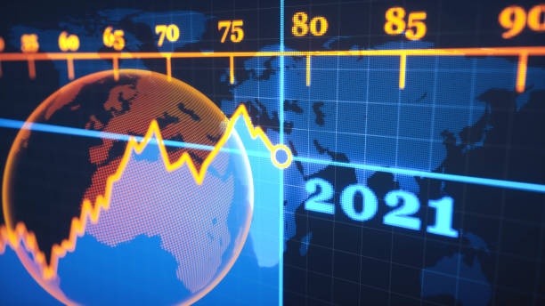istock Pixelated abstract line graph with numbers, world silhouette and year 2021 on a dark grid. 1254846471
