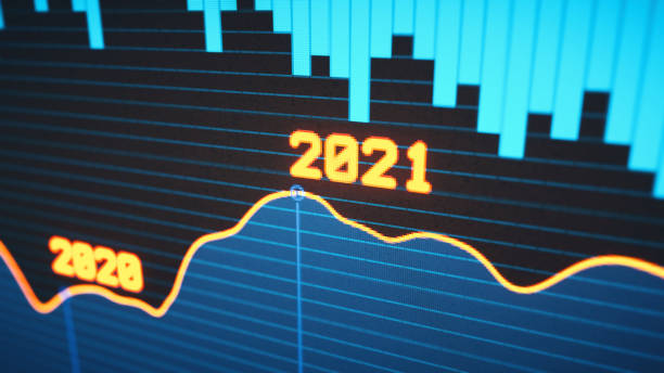istock Pixelated and defocused line graph with the years 2020 and 2021 on a dark horizontal grid. 1254846494