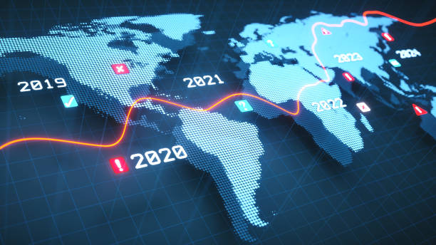 istock Abstract pixelated digital world map silhouette in cold blue colors, with infographic icons, line graph and year labels. 1254846543