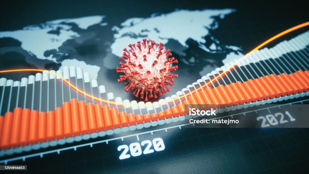 Digital world map market crash design, with bar graph, glowing line graph, year labels and a red coronavirus cell in the center. Coronavirus Stock Photo