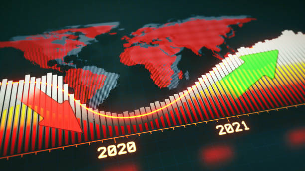 istock Digital world map market crash design for the year 2020, with bar graph, glowing line graph, year labels and arrow symbols. 1254846685