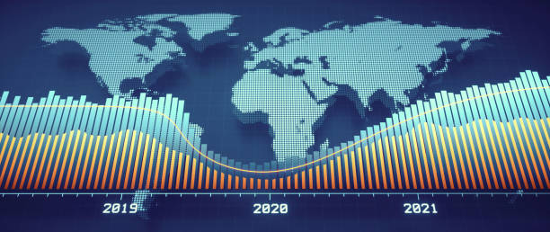 Horizontal empty digital world map market design in desaturated colors, with bar graph, year labels and copy space for further composition.