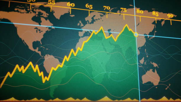 istock Pixelated line graph with numbers, world map and curve lines. Simple abstract design. 1254846972