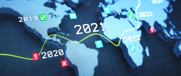 Abstract pixelated digital world map silhouette in cold blue colors, with infographic icons, line graph and year labels. Horizontal focused on the year 2021.