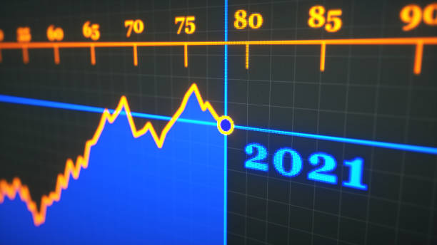 istock Pixelated generic abstract line graph with numbers and the year 2021 on a dark grid with copy space for further composition. Heavily defocused. 1254847103