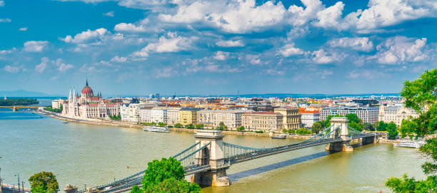 budynek węgierskiego parlamentu i duża część nadbrzeżu rzeki donau w czasie korony w słoneczny dzień - budapest chain bridge hungary palace zdjęcia i obrazy z banku zdjęć