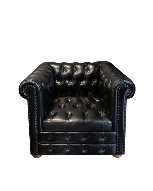 klassischer schwarzer ledersessel auf weißem hintergrund - armchair chair leather black stock-fotos und bilder