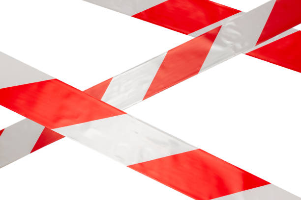 One red and white warning tape on an isolated white background, the feed is located on top. Concept for protecting people from coronavirus infection. Coronavirus, Covid-19