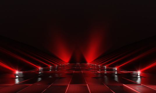 Background of empty dark podium with lights and tile floor. 3d rendering