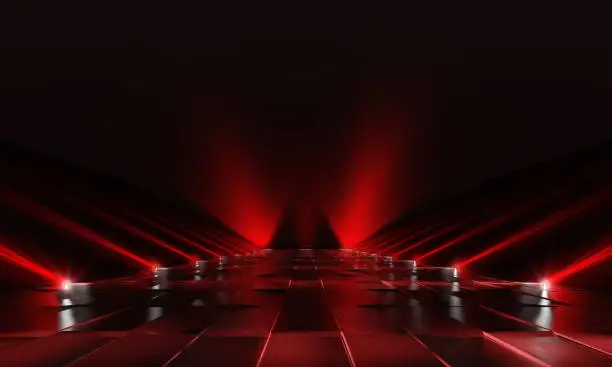 Photo of Background of empty red dark podium with lights and tile floor. 3d rendering