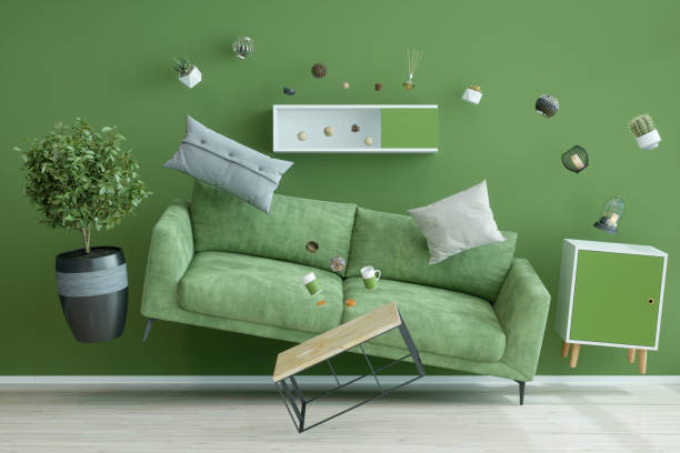 sala de estar verde de gravedad cero - decoración objeto fotografías e imágenes de stock