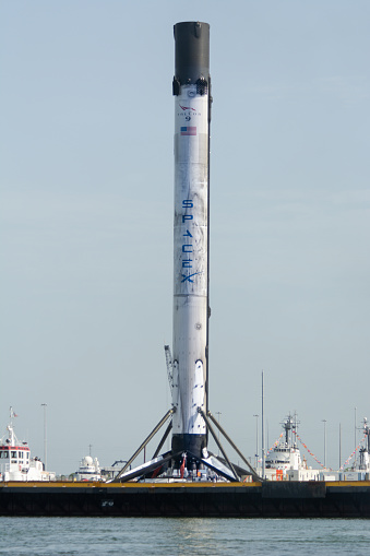 Port Cnaveral, FL:  A SpaceX Falcon 9 booster rocket is onboard the droneship 