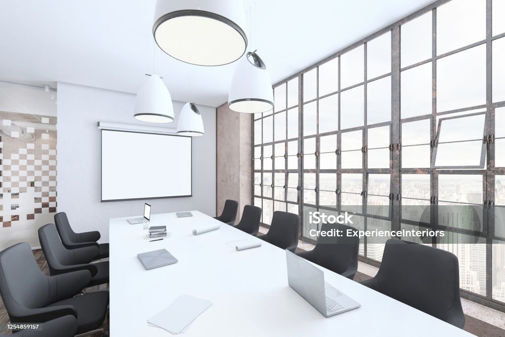 Modern conference room interior with projection screen on the wall for copy space Modern office interior meeting room with projection screen for copy space. No people. Daylight with large windows. Render Computer Monitor Stock Photo