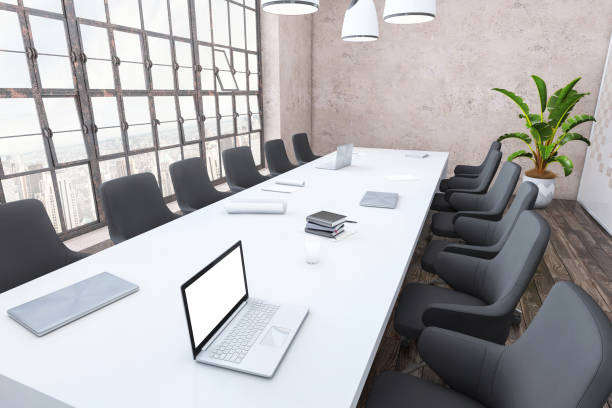 istock Modern conference room interior with blank wall for copy space 1254859196