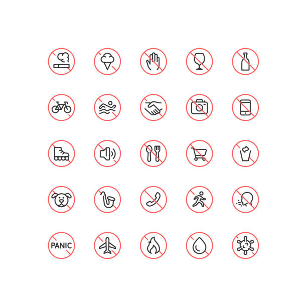 Don't Do Not Sign Outline Icons Editable Stroke Set of do not sign outline vector icons. Every icon is grouped. Editable stroke. cigarette warning label stock illustrations