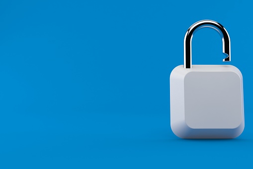 Computer key with padlock isolated on blue background. 3d illustration