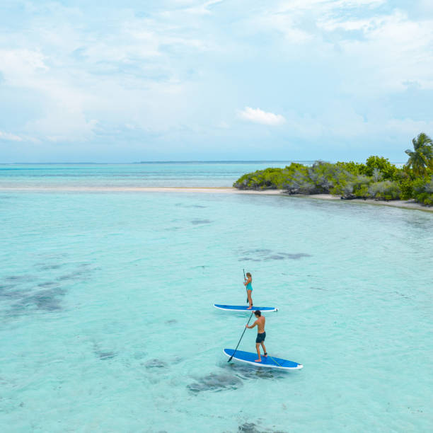 istock Couple stand up paddle boarding in ocean, Maldives 1254862583