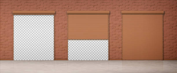 Gate with brown rolling shutter in brick wall Gate with brown rolling shutter in brick wall. Vector realistic set of closed and open roller up for garage or warehouse door. Building facade with blinds and transparent background behind roll a door stock illustrations