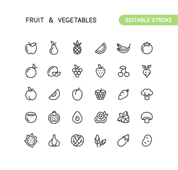 ilustraciones, imágenes clip art, dibujos animados e iconos de stock de fruit & vegetables outline iconos trazo editable - symbol vegetable food computer icon