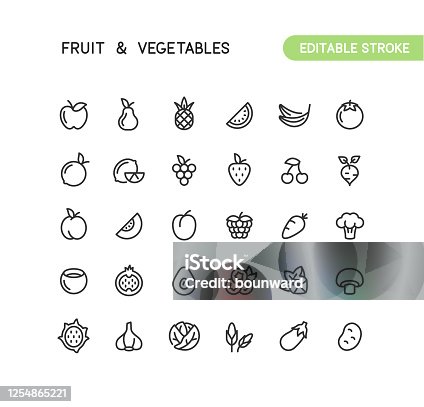 istock Fruit & Vegetables Outline Icons Editable Stroke 1254865221