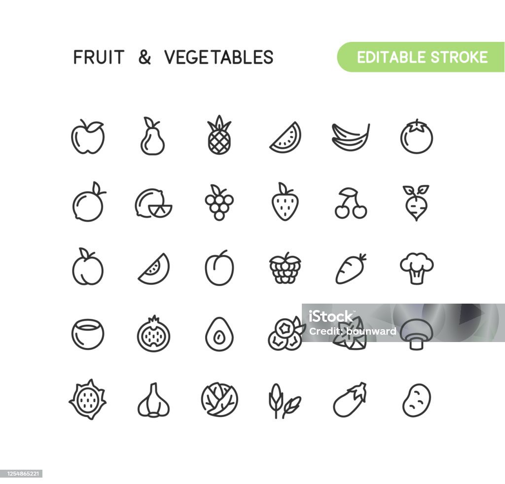 Fruit & Vegetables Outline Icons Editable Stroke Set of fruit and vegetables outline vector icons. Every icon is grouped. Editable stroke. Fruit stock vector