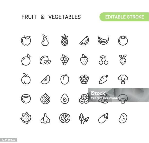 Fruit Vegetables Outline Icons Editable Stroke Stock Illustration - Download Image Now - Fruit, Vegetable, Food