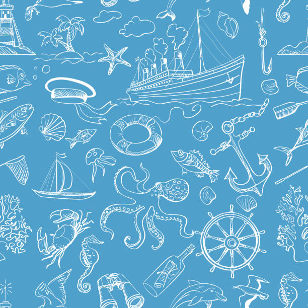 Nautical or marine themed seamless pattern Nautical or marine themed seamless pattern, excellent vector illustration, EPS 10 sailing background stock illustrations