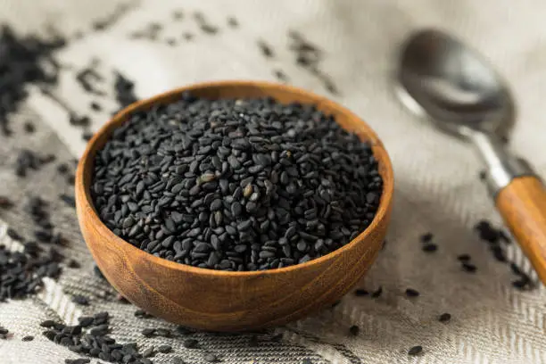 Raw Dry Organic Black Sesame Seeds in a Bowl