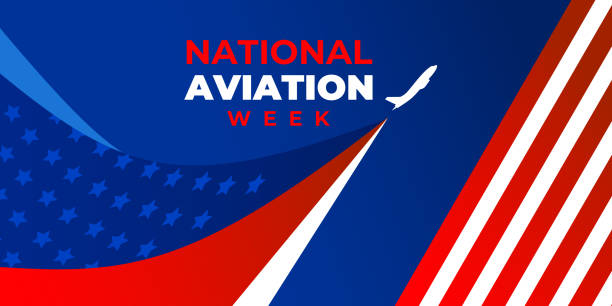 NATIONAL AVIATION Week. Vector web banner, poster, card for social networks and media. Plane on the background of the American flag, star, stripes and text. NATIONAL AVIATION Week. Vector web banner, poster, card for social networks and media. Plane on the background of the American flag, star, stripes and text air show stock illustrations