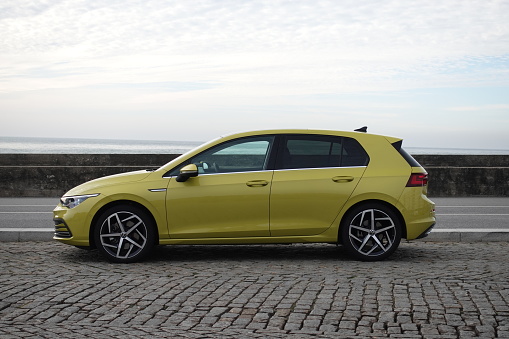 Porto, Portugal - 10 December, 2019: Volkswagen Golf Mk8 on a public parking. The Golf Mk8 was debut in 2019 on the market. This model is the most popular compact car in Europe.