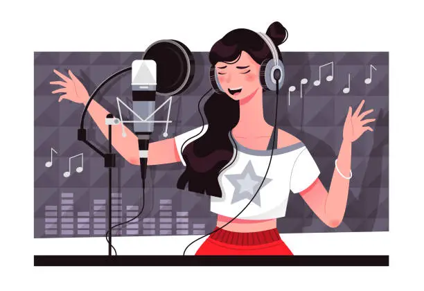Vector illustration of Young vocalist recording a sound track at a studio