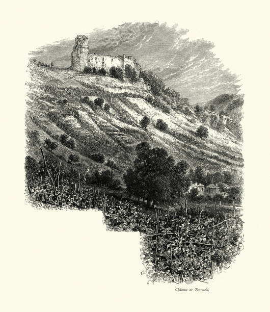 Vintage Illustration Chateau de Tournoel, France, 19th Century. The Château de Tournoël is a medieval fortified castle partly in ruins in the commune of Volvic, in the Puy-de-Dôme département of France.