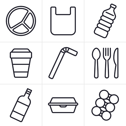 Single use plastic disposable items trash garbage waste icons  and symbols collection.