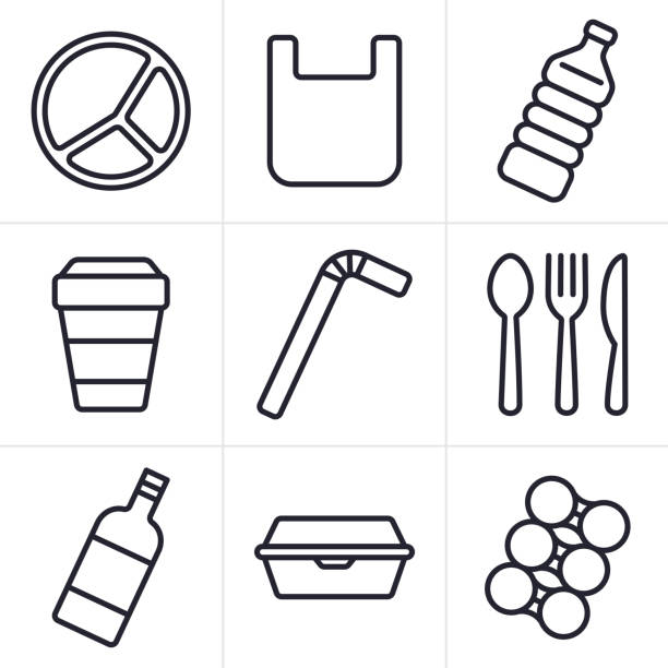 Single Use Disposable Plastic Items Icons and Symbols Single use plastic disposable items trash garbage waste icons  and symbols collection. paper plate stock illustrations