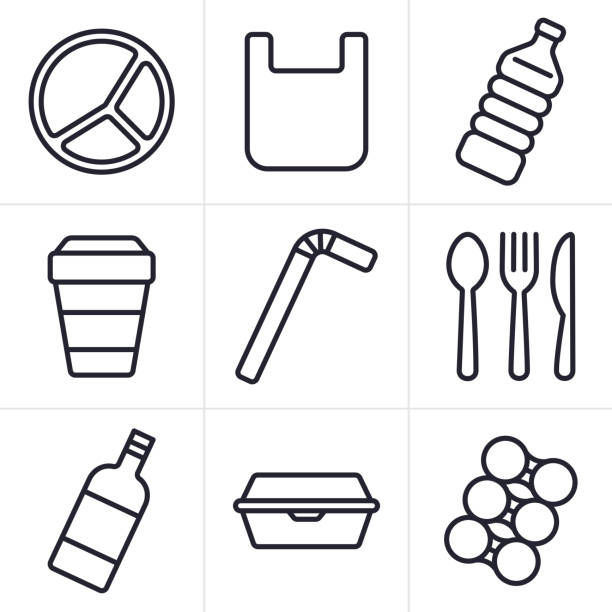 Single Use Disposable Plastic Items Icons and Symbols Single use plastic disposable items trash garbage waste icons  and symbols collection. drinking straw stock illustrations