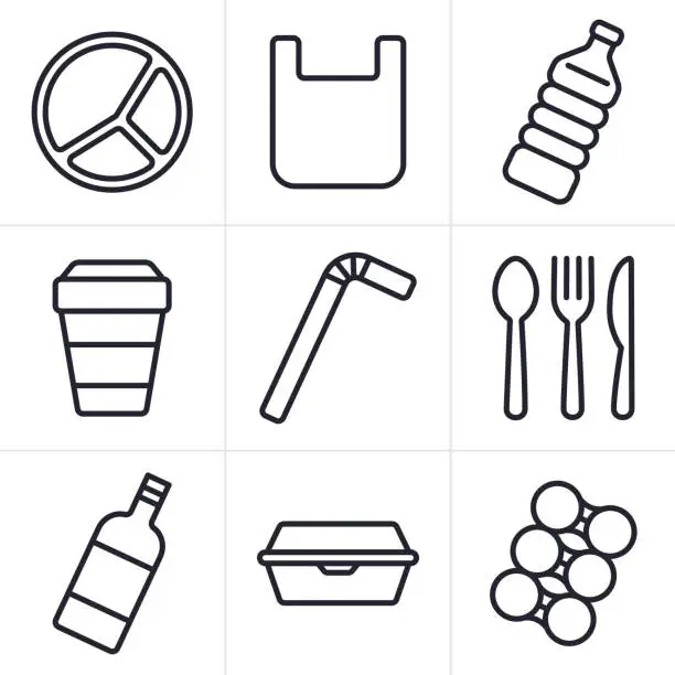 Vector illustration of Single Use Disposable Plastic Items Icons and Symbols