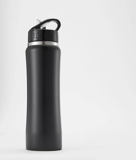 Full length black aluminium waterbottle. Isolated on white background.