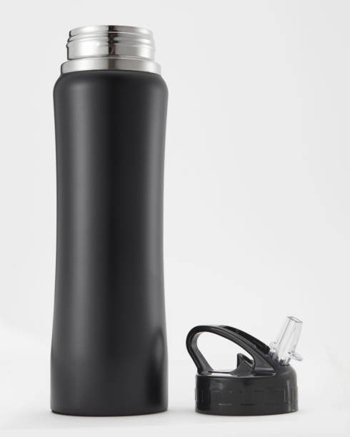 istock Full length black aluminium waterbottle. Isolated on white background. 1254872989