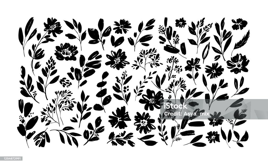 春の花手描きベクトルセット。黒ブラシの花のシルエット。野生の植物、ハーブや花を描くインク - 花のロイヤリティフリーベクトルアート