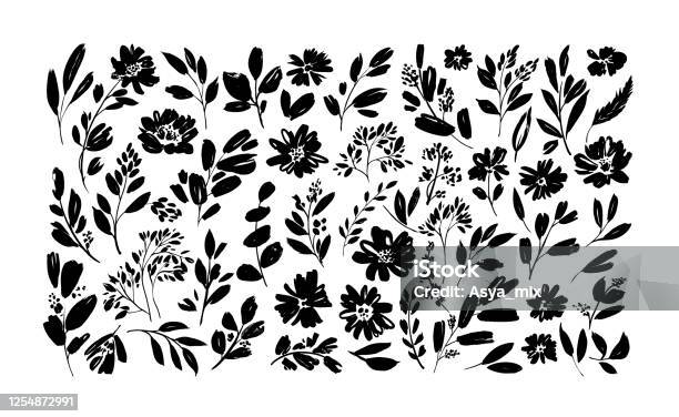 春の花手描きベクトルセット黒ブラシの花のシルエット野生の植物ハーブや花を描くインク - 花のベクターアート素材や画像を多数ご用意 - 花, 葉, ベクター画像