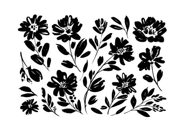 春の花手描きベクトルセット。黒ブラシの花のシルエット。野生の植物、ハーブや花を描くインク - 5141点のイラスト素材／クリップアート素材／マンガ素材／アイコン素材