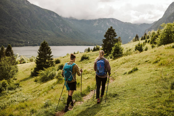 istock Young male and female trekking 1254875521