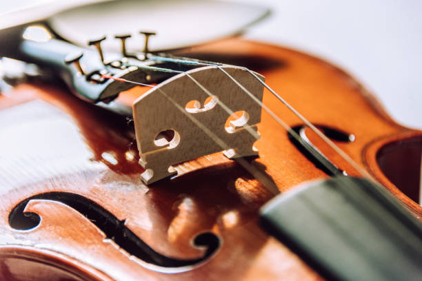 istock Violin parts. Bow first on white marble background. Selective focus. 1254876187