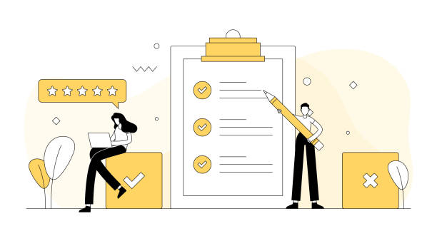 stockillustraties, clipart, cartoons en iconen met enquête en getuigenissen gerelateerde vector illustratie. vlak modern design - landmeter illustraties