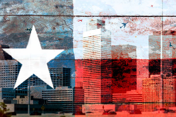 bandiera rustica in legno del texas con sfondo dello skyline aziendale di houston. - texas state flag foto e immagini stock