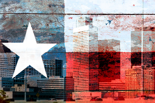 Downtown Houston city skyline with rustic Texas flag overlay.
