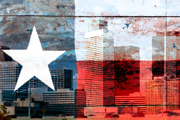 Rustic wooden Texas flag with Houston business skyline background. Downtown Houston city skyline with rustic Texas flag overlay. Southern Star stock pictures, royalty-free photos & images