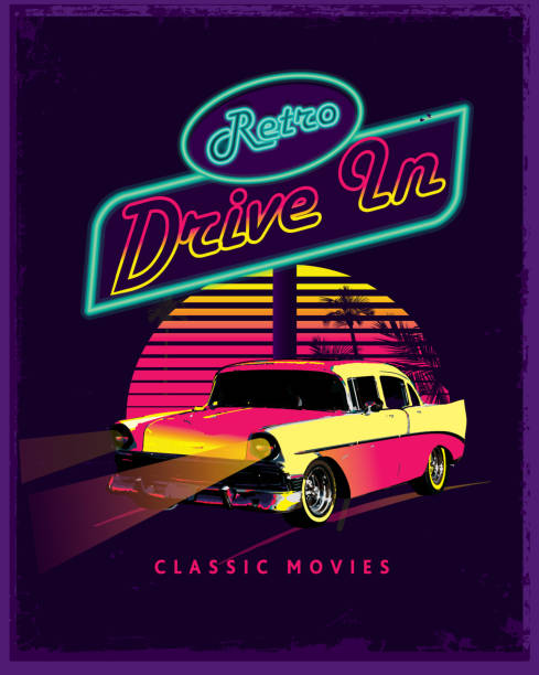 illustrazioni stock, clip art, cartoni animati e icone di tendenza di classic retro drive nella pubblicità di poster design - drive in