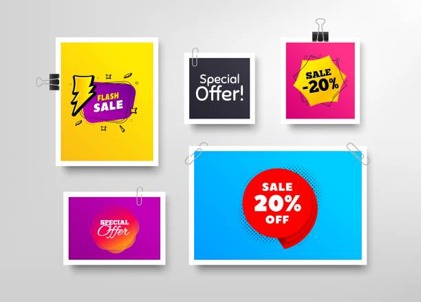 ilustraciones, imágenes clip art, dibujos animados e iconos de stock de oferta especial, 20% de descuento y venta flash. banner de descuento. vector - paper clip flash